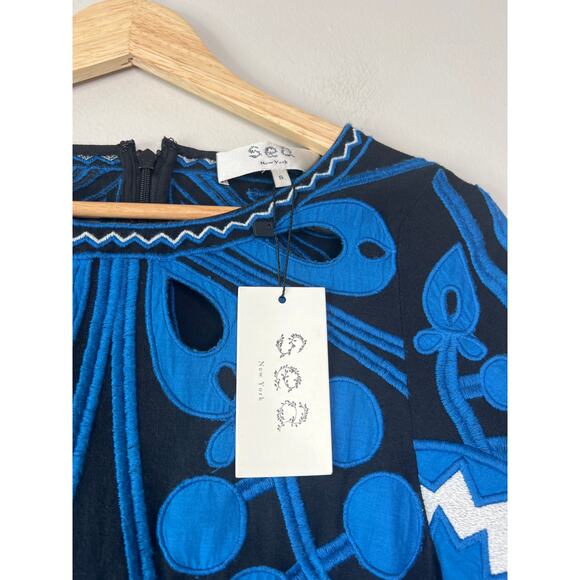 NWT Sea New York Gael Embroidered Appliquéd Cotton-Bend Zip Mini Dress Blue - Picture 4 of 7